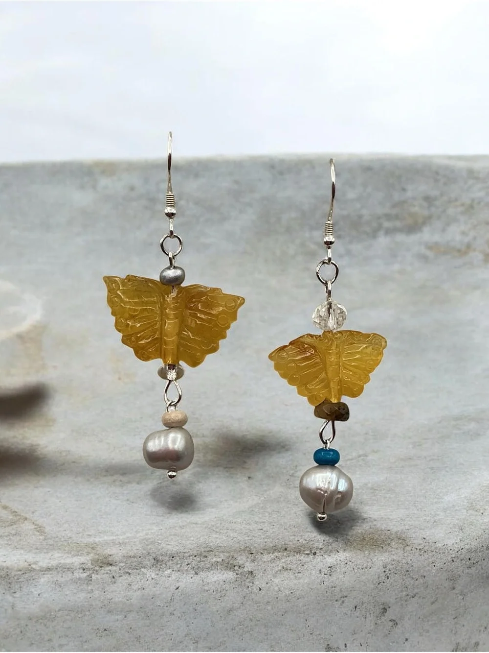 Yellow Amber Butterfly Pearl Drop Earrings